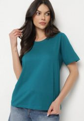 Ciemnozielony Bawełniany Klasyczny T-shirt Fevarene. Zielone t-shirty damskie Born2be, l, bez wzorów, z bawełny, klasyczne, bez kołnierzyka, bez ramiączek. Za 39.99 zł.