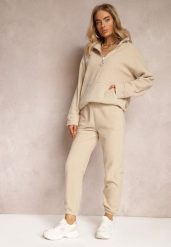 Beżowy Komplet Dresowy z Polaru Bluza z Krótkim Suwakiem i Spodnie Joggery Hypamena. Brązowe bluzy damskie Renee, l, bez wzorów, z dresówki, eleganckie, bez ramiączek, bez kaptura. Za 119.99 zł.