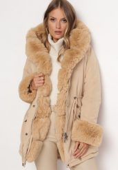 Beżowa Kurtka Parka z Futerkiem i Ściągaczem Hegade. Brązowe kurtki damskie Born2be, xl, z aplikacjami, z futra, bez kaptura. Za 339.99 zł.