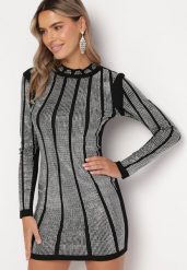 Czarno-Srebrna Dopasowana Sukienka Mini w Cyrkonie Upina. Czarne sukienki damskie Born2be, m, bez wzorów, bez kołnierzyka, bez ramiączek, mini, dopasowane. Za 189.99 zł.