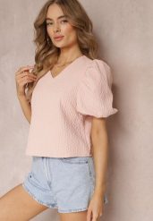Różowa Bluzka z Trójkątnym Dekoltem i Krótkimi Bufiastymi Rękawami Dysia. Czerwone bluzki damskie Renee, m, bez wzorów, eleganckie, bez kołnierzyka, bez ramiączek. Za 89.99 zł.