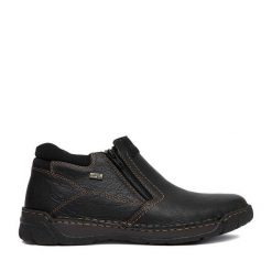 Botki Rieker. Czarne botki męskie Rieker, bez wzorów, bez obcasa, bez zapięcia. Za 449.99 zł.