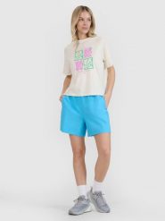 4F Spodenki casual damskie - niebieskie L. Niebieskie szorty damskie 4F, bez wzorów, z bawełny, casualowe. W wyprzedaży za 59.99 zł.
