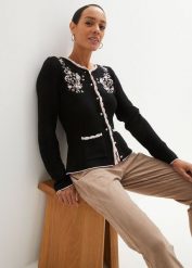 Sweter rozpinany w ludowym stylu. Czarne kardigany damskie bonprix, bez wzorów, bez kołnierzyka. Za 169.99 zł.