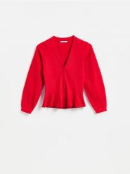Kardigan z baskinką - czerwony. Czerwone kardigany damskie Reserved, l, bez wzorów, z dzianiny, bez kołnierzyka. Za 139.99 zł.