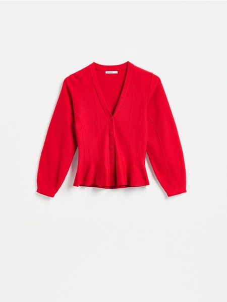 Kardigan z baskinką - czerwony. Czerwone kardigany damskie Reserved, l, bez wzorów, z dzianiny, bez kołnierzyka. Za 139.99 zł.