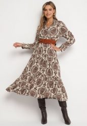 Brązowa Wiskozowa Kopertowa Sukienka w Stylu Boho z Materiałowym Paskiem z Klamrą Rinovia. Brązowe sukienki damskie Born2be, l, bez wzorów, z materiału, boho, bez kołnierzyka, bez ramiączek, midi, kopertowe. Za 119.99 zł.
