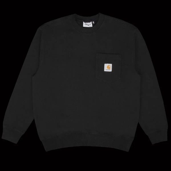 Uniseksowe bluza POCKET SWEATSHIRT. Czarne bluzy damskie Carhartt, xl, bez wzorów, z bawełny, klasyczne, bez ramiączek, bez kaptura. Za 387.00 zł.