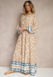 Beżowa Wiskozowa Sukienka z Printem w Stylu Boho z Chwostami Erianea. Brązowe sukienki damskie Renee, na co dzień, l, bez wzorów, z wiskozy, boho, bez kołnierzyka, bez ramiączek, maxi, proste. Za 69.99 zł.