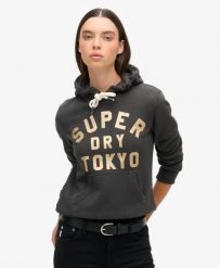 Superdry Bluza z kapturem Glitter Graphic Logo Washed Black. Czarne bluzy damskie Superdry, bez wzorów, z bawełny, bez ramiączek, z kapturem. Za 387.20 zł.