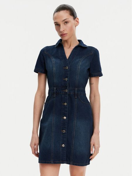 Morgan Sukienka jeansowa 241-ROGLA Niebieski Regular Fit. Niebieskie sukienki damskie Morgan, bez wzorów, z bawełny, bez kołnierzyka, bez ramiączek. Za 249.99 zł.