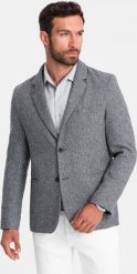 Ombre Męska marynarka casual z ozdobnym pinem na klapie - szary melanż V1 OM-BLZB-0120 L. Szare garnitury męskie Ombre, l, bez wzorów, casualowe, bez kołnierzyka, bez ramiączek. Za 309.99 zł.