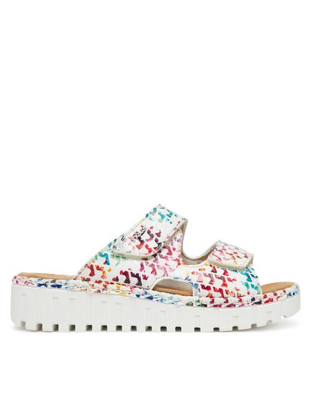 Rieker Klapki V1392-90 Biały. Białe klapki damskie Rieker, bez wzorów, z materiału, bez obcasa, bez zapięcia. Za 299.99 zł.