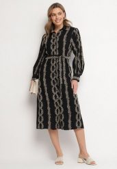 Czarna Koszulowa Sukienka z Wiskozy z Wiązanym Paskiem Zdobiona Haftem Rallisia. Czarne sukienki damskie Born2be, na co dzień, l, z aplikacjami, z wiskozy, eleganckie, bez kołnierzyka, bez ramiączek, midi, koszulowe. Za 159.99 zł.