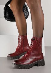 Bordowe Botki Workery w Stylu Grunge z Nitami przy Cholewce Anelerie. Czerwone botki damskie Born2be, bez wzorów, z jeansu, bez obcasa, na płaskiej podeszwie, bez zapięcia. Za 189.99 zł.