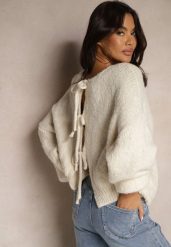 Beżowy Kardigan z Wełną o Kroju Oversize z Wiązanymi Kokardami Elearina. Brązowe kardigany damskie Renee, bez wzorów, z jeansu, eleganckie, bez kołnierzyka. Za 139.99 zł.