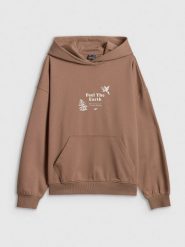 4F Bluza dresowa loose z kapturem damska - beżowa L. Brązowe bluzy damskie 4F, l, bez wzorów, z bawełny, bez ramiączek, z kapturem. Za 189.99 zł.