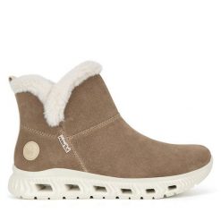 Botki Rieker. Brązowe botki damskie Rieker, bez wzorów, bez obcasa, na płaskiej podeszwie, bez zapięcia. Za 311.00 zł.