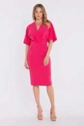 Sukienka elegancka midi kimonowa góra dopasowany dół różowa. Czerwone sukienki damskie Stylove, do pracy, l, bez wzorów, z poliesteru, biznesowe, bez kołnierzyka, bez ramiączek, midi, dopasowane. Za 289.00 zł.