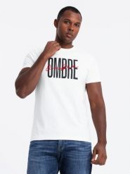 Bawełniana koszulka męska z podwójnym logotypem – biała V1 OM-TSPT-0210 - XXL. Białe t-shirty męskie Ombre Clothing, l, bez wzorów, z bawełny, bez kołnierzyka, bez ramiączek. W wyprzedaży za 39.99 zł.