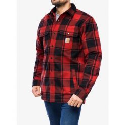 Koszula turystyczna męska Carhartt Flannel Sherpa-Lined Shirt Jac. Czerwone koszule męskie Carhartt, m, bez wzorów, casualowe, bez kołnierzyka, bez ramiączek. Za 445.99 zł.