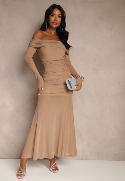 Ciemnobeżowa Koktajlowa Sukienka z Prześwitującymi Rękawami i Marszczeniem Haludea. Brązowe sukienki damskie Renee, na imprezę, l, bez wzorów, klasyczne, bez kołnierzyka, bez ramiączek, maxi. Za 99.99 zł.