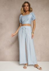 Niebieskie Szerokie Spodnie High Waist z Wiskozy z Gumką w Talii Lannalie. Niebieskie spodnie materiałowe damskie Renee, bez wzorów, z jeansu, eleganckie, z podwyższonym stanem. Za 49.99 zł.