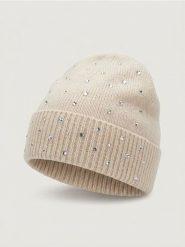 Czapka beanie z cyrkoniami - kremowy. Białe czapki damskie Sinsay, bez wzorów. Za 22.99 zł.
