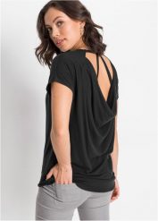 T-shirt ze zrównoważonej wiskozy. Czarne t-shirty damskie bonprix, bez wzorów, z wiskozy, bez kołnierzyka, bez ramiączek. Za 82.99 zł.