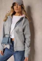 Szara Bluza Rozpinana z Dodatkiem Bawełny Ozdobiona Kontrastowym Kapturem Arstoia. Szare bluzy damskie Renee, s, bez wzorów, z bawełny, eleganckie, bez ramiączek. Za 39.99 zł.