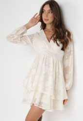 Kremowa Sukienka Iolippe. Brązowe sukienki damskie Born2be, m, bez wzorów, z materiału, bez kołnierzyka, bez ramiączek, maxi, kopertowe. Za 149.99 zł.