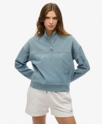 Superdry Bluza Active Tech Logo Relaxed Half Zip Luźny krój. Niebieskie bluzy damskie Superdry, bez wzorów, z bawełny, sportowe, bez ramiączek, bez kaptura. Za 343.05 zł.