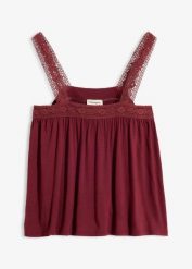 Top z miękkiej wiskozy. Czerwone topy damskie bonprix, bez wzorów, z koronki, bez kołnierzyka, bez ramiączek. Za 27.99 zł.