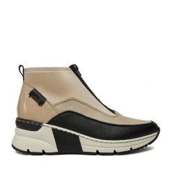 Botki Rieker. Brązowe botki damskie Rieker, bez wzorów, bez obcasa, na koturnie, bez zapięcia. Za 229.99 zł.