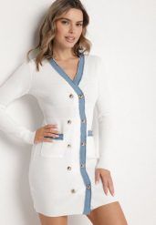 Biała Dzianinowa Sukienka z Wiskozą w Stylu Retro z Ozdobnymi Napami Tesmere. Białe sukienki damskie Born2be, na co dzień, m, z aplikacjami, z dzianiny, eleganckie, bez kołnierzyka, bez ramiączek, mini, dopasowane. Za 139.99 zł.
