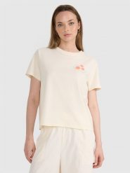 4F T-shirt oversize z nadrukiem damski - beżowy M. Brązowe t-shirty damskie 4F, m, bez wzorów, z bawełny, klasyczne, bez kołnierzyka, bez ramiączek. W wyprzedaży za 39.99 zł.