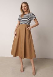 Niebieska Rozkloszowana Sukienka z Bawełny z Górą w Paski Aethephaia. Niebieskie sukienki damskie Born2be, na co dzień, na lato, m, bez wzorów, z bawełny, casualowe, bez kołnierzyka, bez ramiączek, midi, proste. Za 99.99 zł.