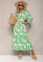 Zielono-Beżowa Koszulowa Sukienka Maxi w Geometryczny Wzór Qerida. Zielone sukienki damskie Renee, na co dzień, l, bez wzorów, bez kołnierzyka, bez ramiączek, maxi, koszulowe. Za 69.99 zł.