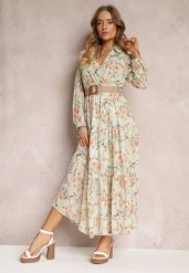 Miętowa Sukienka Maxi z Plecionym Paskiem i Gumką w Talii w Kwiaty Elanisa. Zielone sukienki damskie Renee, l, bez wzorów, bez kołnierzyka, bez ramiączek, maxi, kopertowe. Za 109.99 zł.