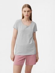 4F T-shirt regular gładki damski L. Szare t-shirty damskie 4F, l, bez wzorów, z bawełny, bez kołnierzyka, bez ramiączek. Za 49.99 zł.