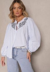 Jasnoniebieska Koszula z Bawełny z Haftem Norretis. Niebieskie koszule damskie Renee, m, bez wzorów, z bawełny, eleganckie, bez kołnierzyka, bez ramiączek. Za 89.99 zł.