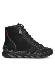 Rieker Botki 55049-00 Czarny. Czarne botki damskie Rieker, bez wzorów, ze skóry, bez obcasa, na płaskiej podeszwie, bez zapięcia. Za 369.99 zł.