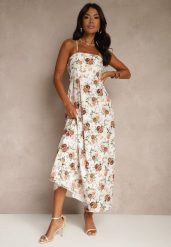 Beżowa Rozkloszowana Sukienka z Wiskozą w Kwiatowy Wzór Nalivie. Brązowe sukienki damskie Renee, na imprezę, na lato, l, bez wzorów, z wiskozy, eleganckie, bez kołnierzyka, bez ramiączek, maxi, rozkloszowane. Za 69.99 zł.