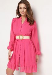 Fuksjowa Sukienka Nesilwyn. Czerwone sukienki damskie Born2be, m, bez wzorów, z tkaniny, boho, bez kołnierzyka, bez ramiączek, mini, rozkloszowane. Za 79.99 zł.