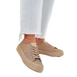 Wzorzyste Trampki Damskie Na Platformie Z Plecionką Lee Cooper LCW-25-08-3646L Khaki beżowy. Brązowe trampki i tenisówki damskie bez wzorów, z materiału, bez zapięcia. Za 197.76 zł.