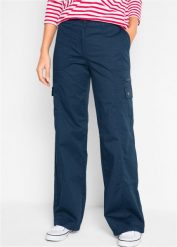 Dżinsy bojówki z bawełny, mid waist. Zielone jeansy damskie bonprix, bez wzorów, z bawełny. Za 139.99 zł.