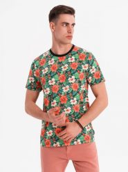 Męski t-shirt bawełniany w kwiatowy wzór full print – czarny V2 OM-TSFP-0249 - XXL. Czarne t-shirty męskie Ombre Clothing, l, bez wzorów, z bawełny, bez kołnierzyka, bez ramiączek. W wyprzedaży za 39.99 zł.