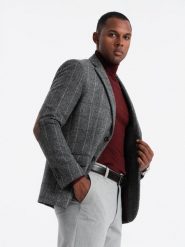 Elegancka męska marynarka w kratkę z domieszką wełny – szara V1 OM-BLZB-0137 - XXL. Szare garnitury męskie Ombre Clothing, na lato, l, bez wzorów, z materiału, eleganckie. Za 251.99 zł.