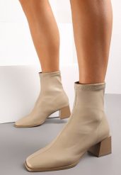 Ciemnobeżowe Botki na Niskim Słupku Sileurie. Brązowe botki damskie Renee, na jesień, bez wzorów, eleganckie, bez obcasa, na obcasie, bez zapięcia. Za 149.99 zł.