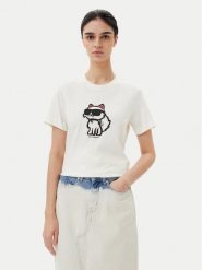 KARL LAGERFELD T-Shirt A1W17128 Écru Regular Fit. T-shirty damskie KARL LAGERFELD, xs, bez wzorów, z bawełny, bez kołnierzyka, bez ramiączek. Za 219.99 zł.